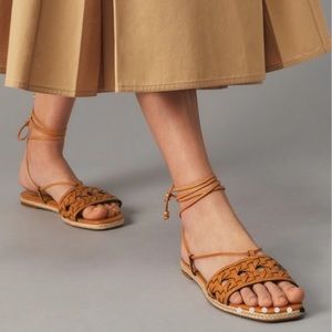 Tory Burch Tan Sandals with Ankle Wrap and Lattice Design